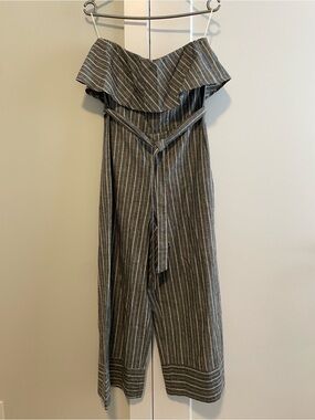 Tart Striped Off-Shoulder Wide-Leg Jumpsuit in Charcoal and White